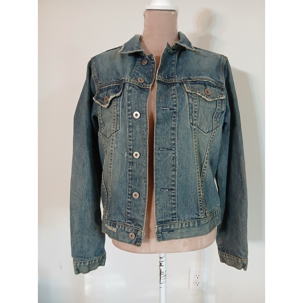 Hollister Co Womens Small Distressed Denim Trucker Jacket Blue Medium Wash